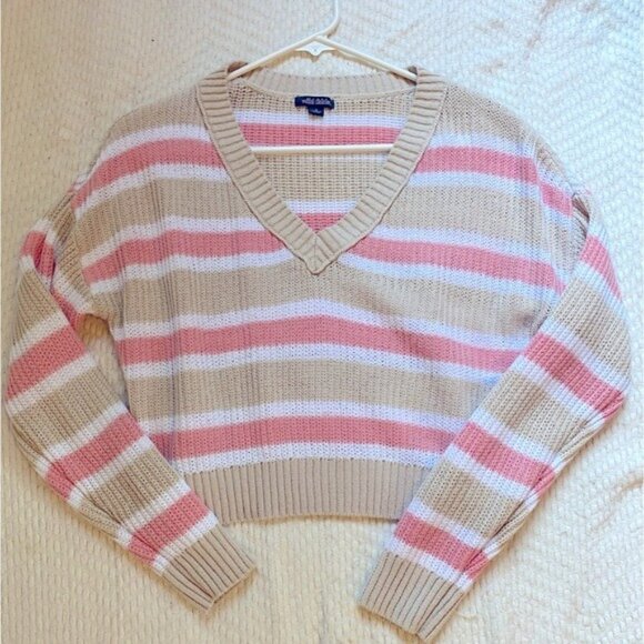 wild fable Sweaters - Wild Fable Coral & Tan White Striped Cropped V-Neck Sweater Women's Size M